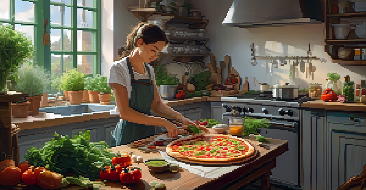A person preparing a comforting meal in a cozy kitchen, surrounded by colorful ingredients and warm light.