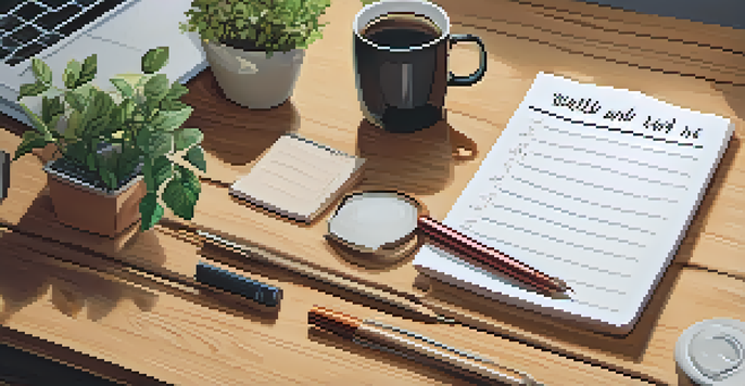 A detailed view of a to-do list on a wooden desk, with colorful ink, a potted plant, and a cup of coffee in a warm-lit workspace.