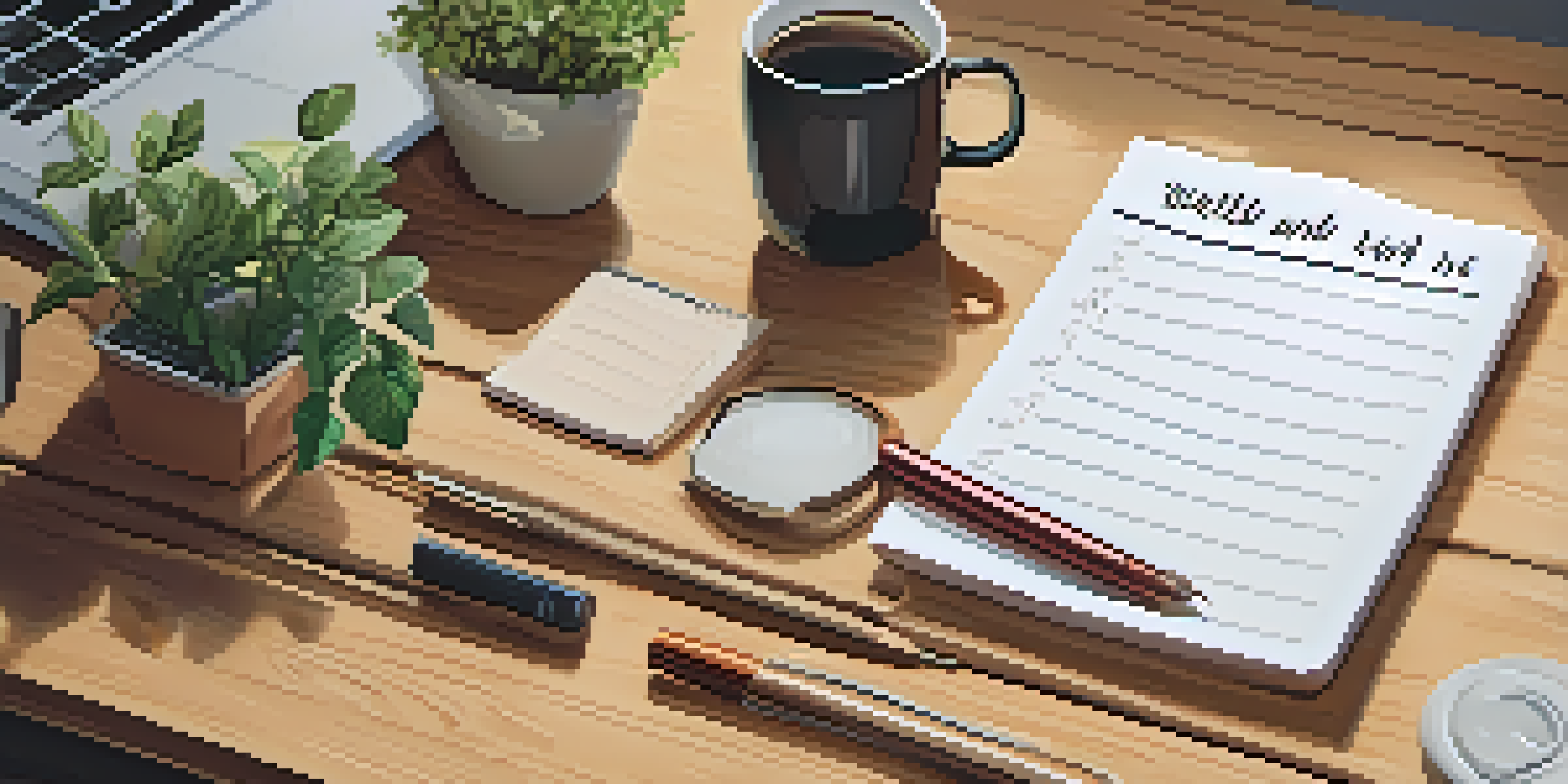 A detailed view of a to-do list on a wooden desk, with colorful ink, a potted plant, and a cup of coffee in a warm-lit workspace.