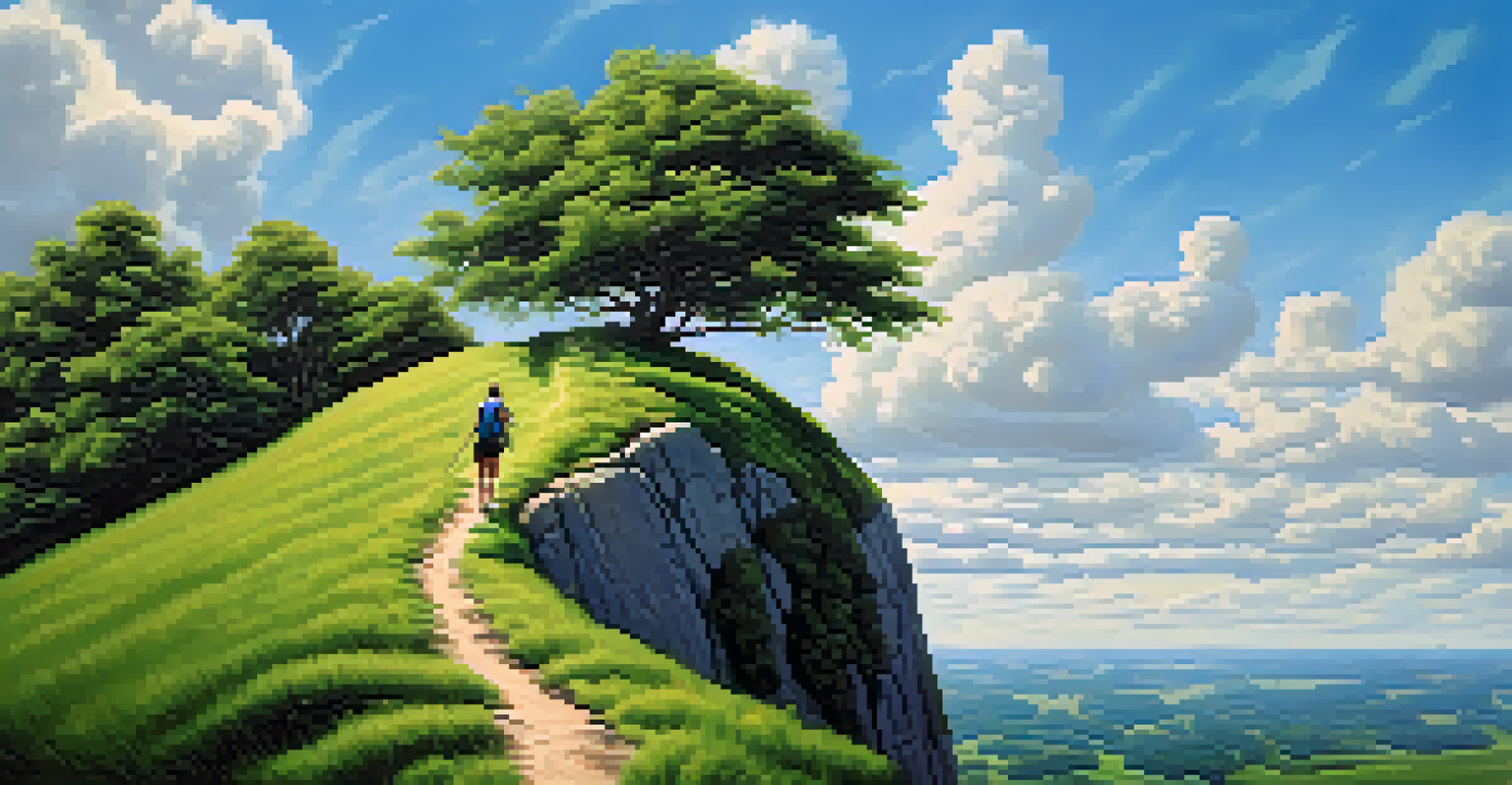 A person climbing a hill under a bright blue sky, symbolizing the journey of overcoming procrastination.