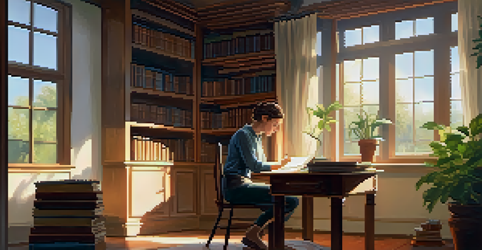 A person writing in a notebook at a wooden desk in a bright home office with sunlight streaming through the window and a bookshelf in the background.