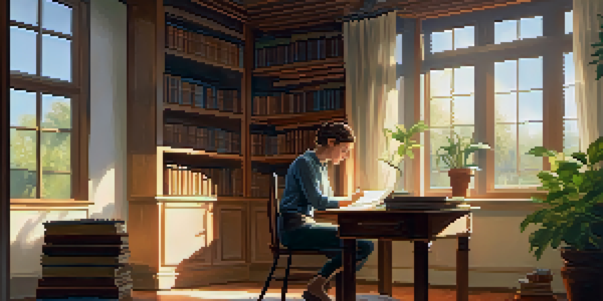 A person writing in a notebook at a wooden desk in a bright home office with sunlight streaming through the window and a bookshelf in the background.