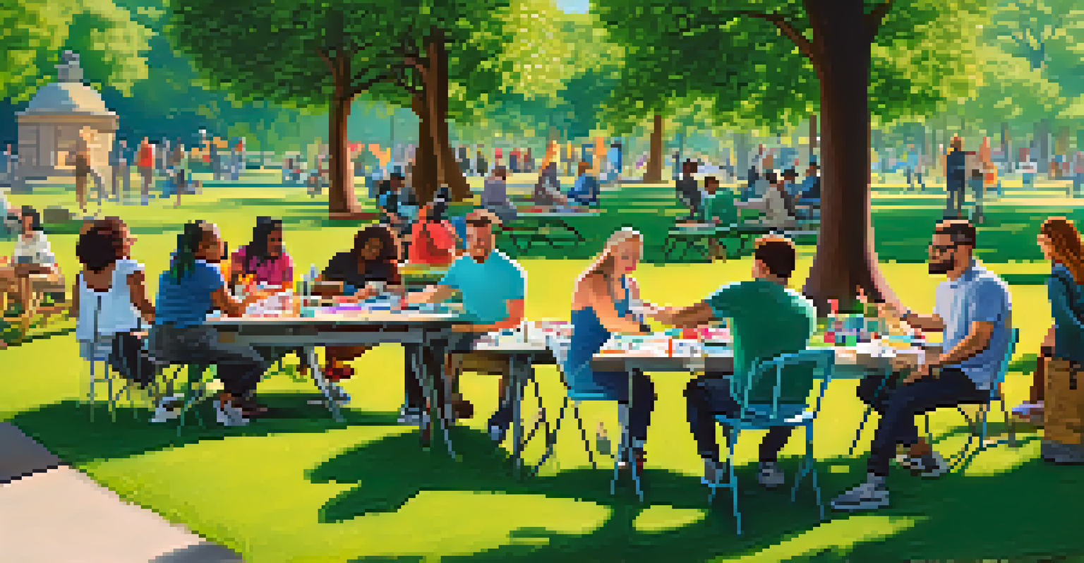 A diverse group of artists collaborating in an outdoor workshop, surrounded by art supplies in a sunny park setting.