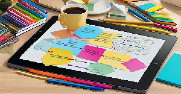 A digital tablet showing a colorful mind map, surrounded by markers, sticky notes, and a coffee cup in a cozy workspace.