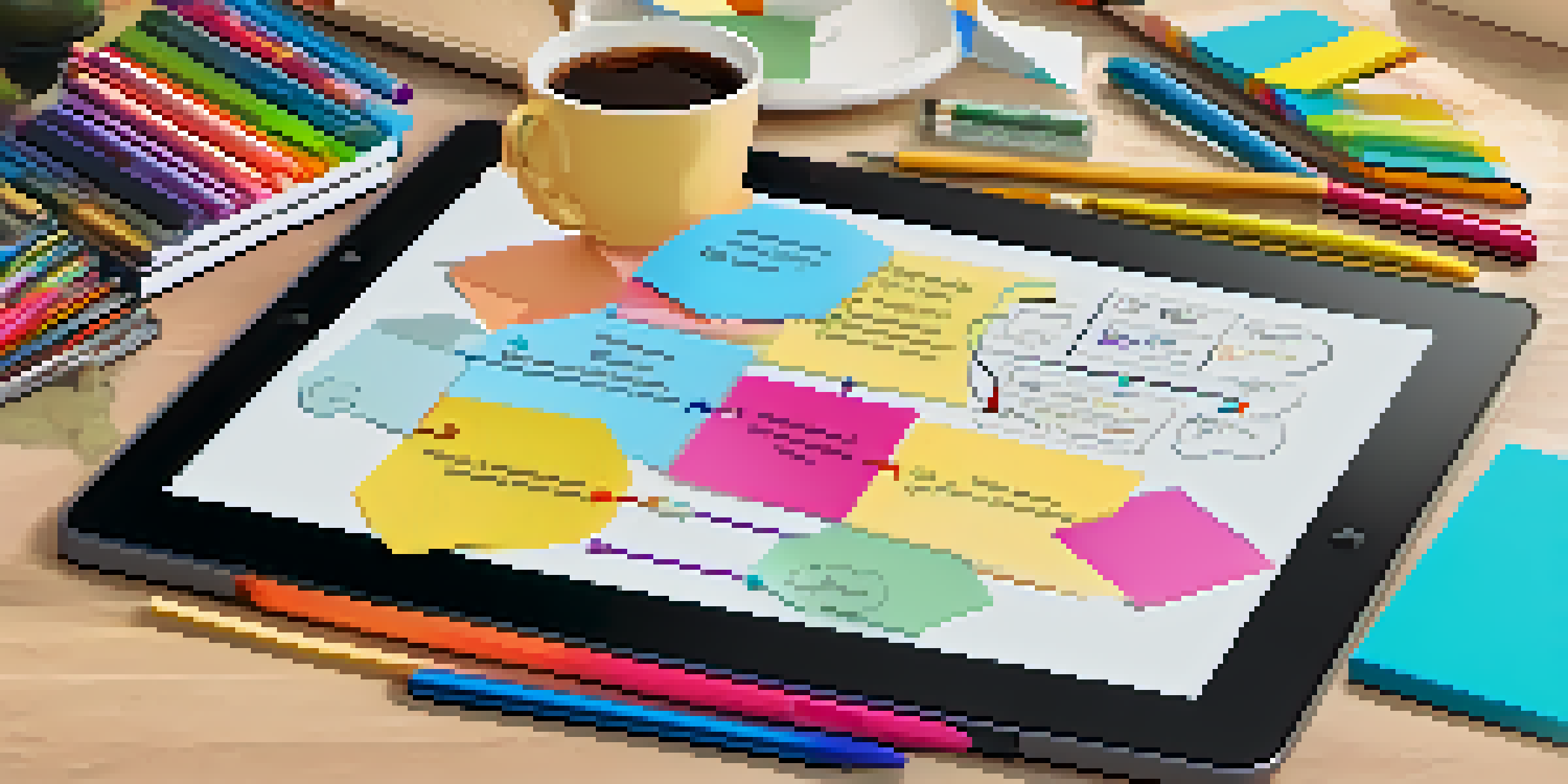 A digital tablet showing a colorful mind map, surrounded by markers, sticky notes, and a coffee cup in a cozy workspace.