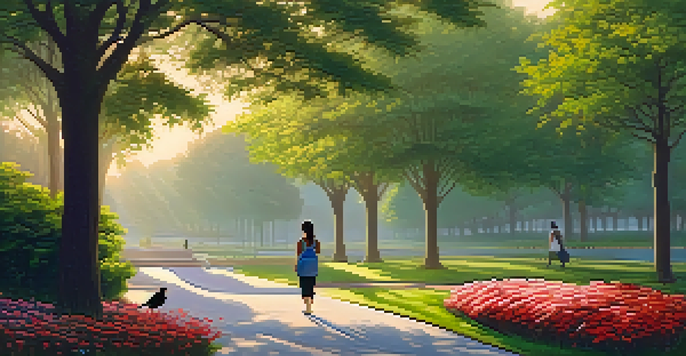 A peaceful park at sunrise with a person walking mindfully on a flower-lined path.