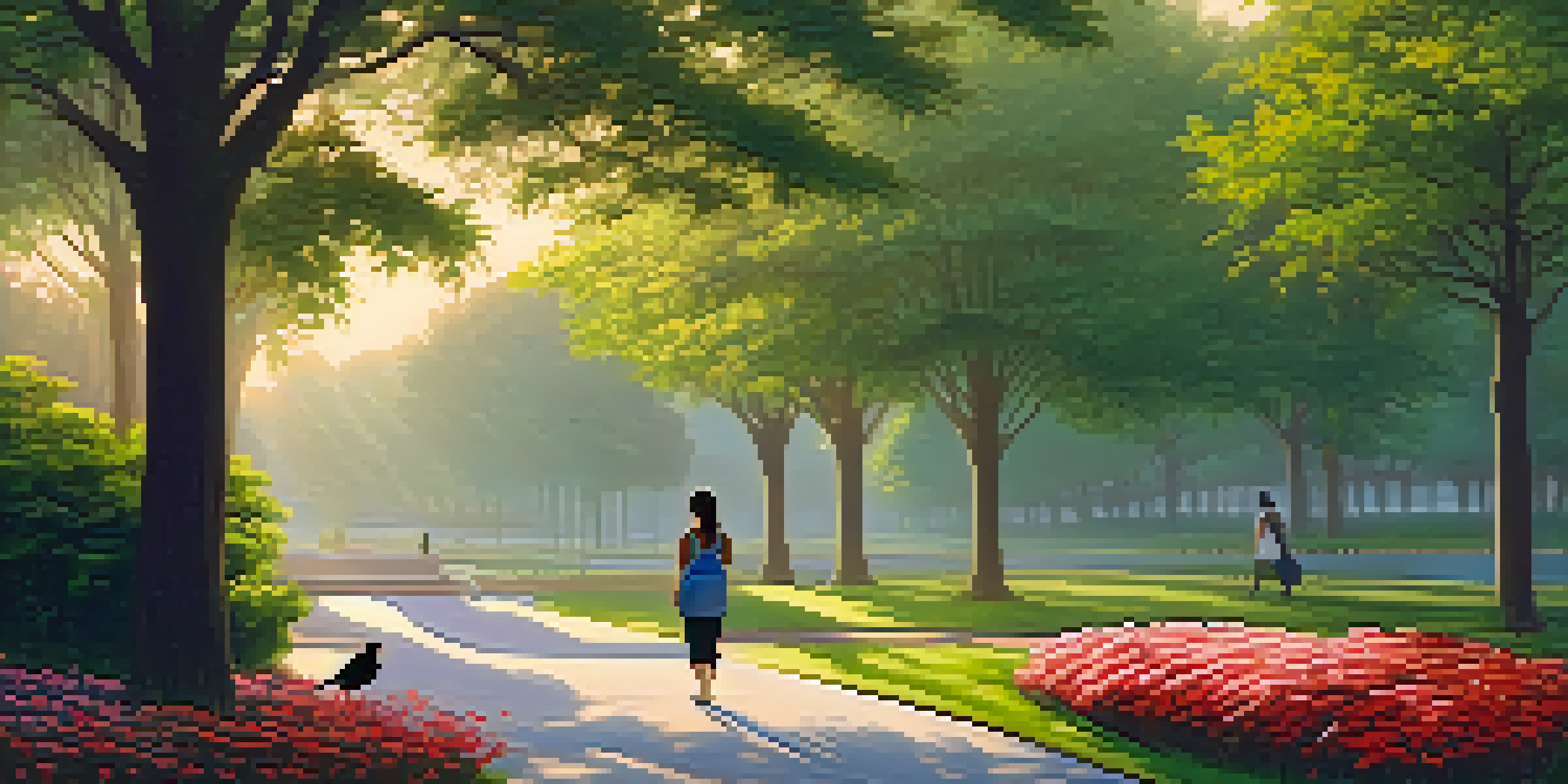 A peaceful park at sunrise with a person walking mindfully on a flower-lined path.
