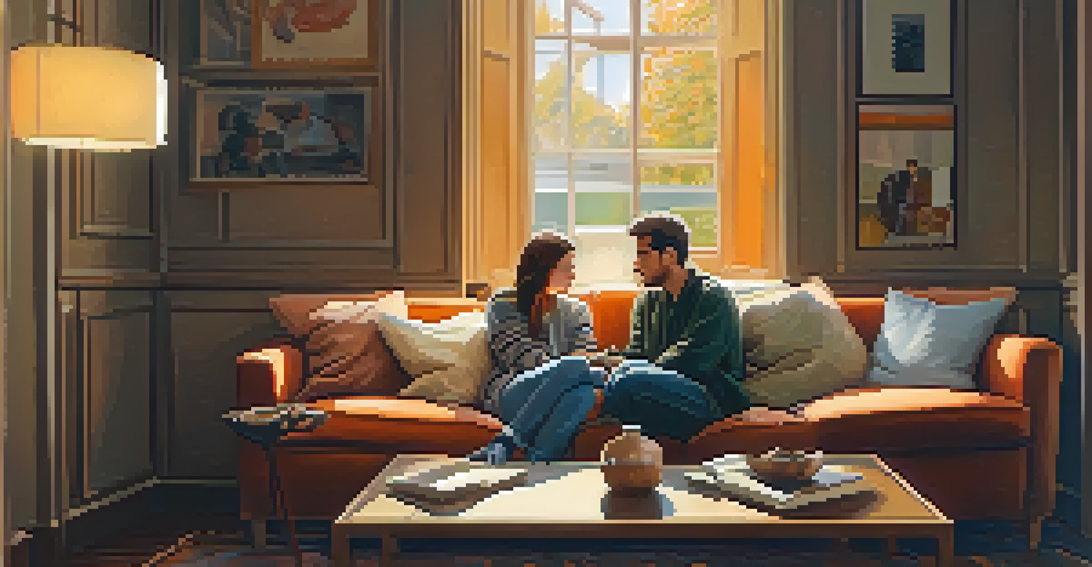 Two friends sitting on a sofa in a cozy living room, one listening intently to the other, highlighting empathy and connection.