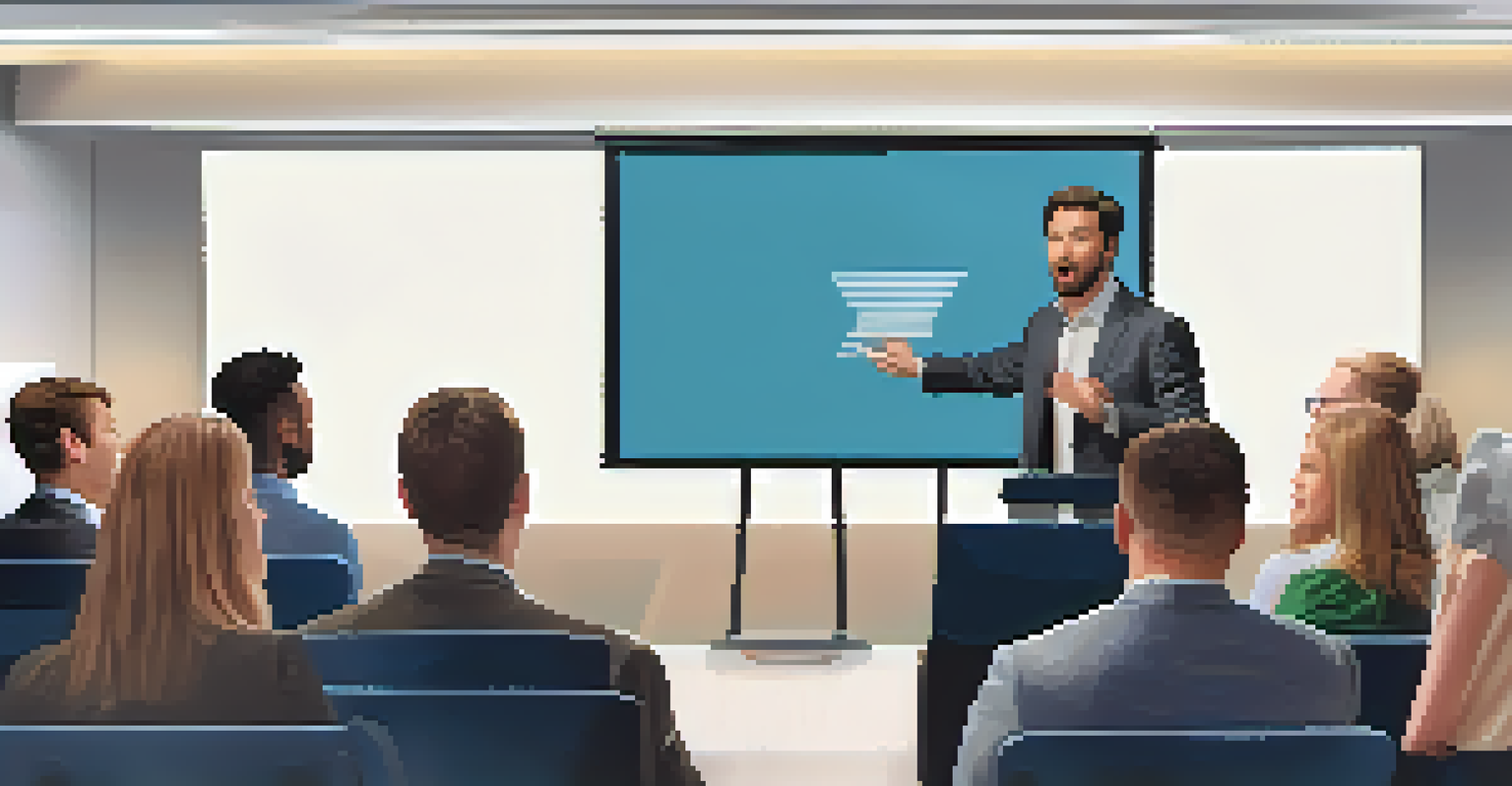 A speaker using gestures during a presentation, with an engaged audience in the background.