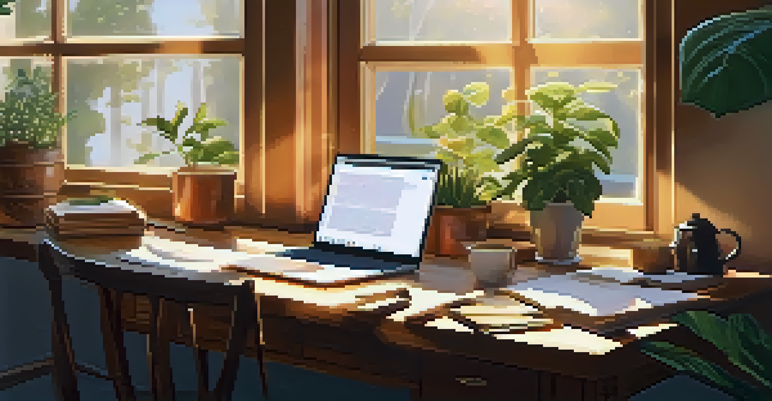 A warm and inviting workspace with a laptop, notebooks, and a cup of coffee on a wooden desk.