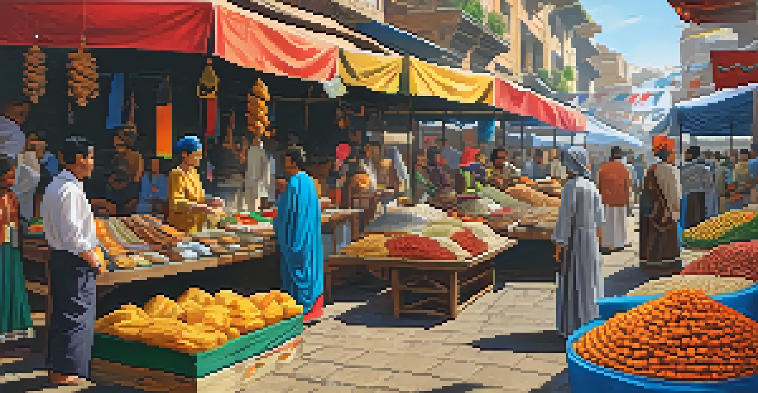 A lively street market with diverse cultural stalls and people interacting.