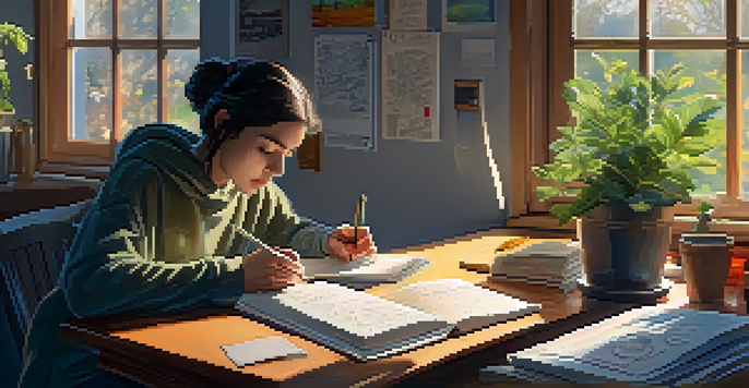 A person writing in a journal at a wooden desk, with colorful notebooks and a cup of tea, illuminated by soft morning light.