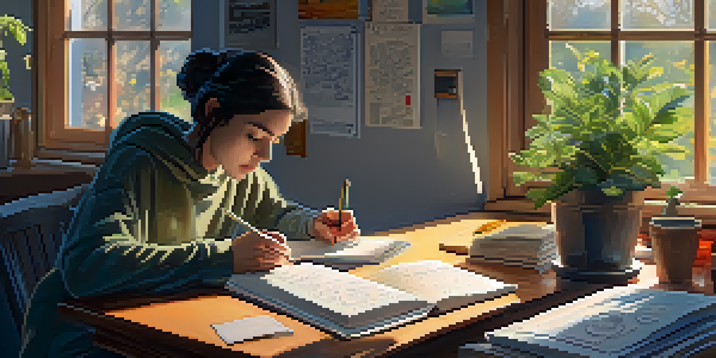 A person writing in a journal at a wooden desk, with colorful notebooks and a cup of tea, illuminated by soft morning light.