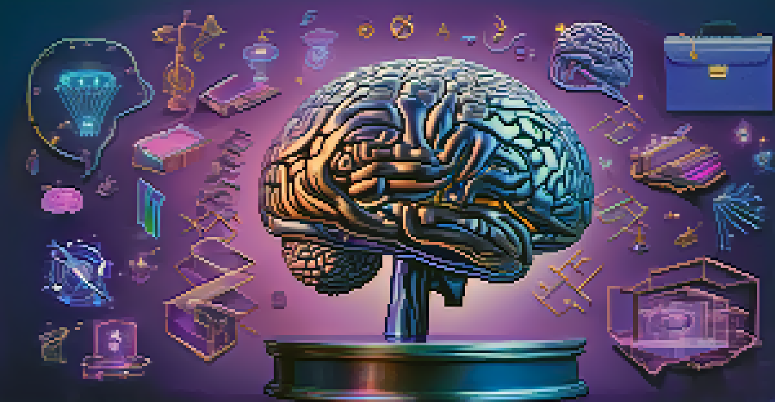 An illuminated brain with symbols of achievement on a blue and purple gradient background.
