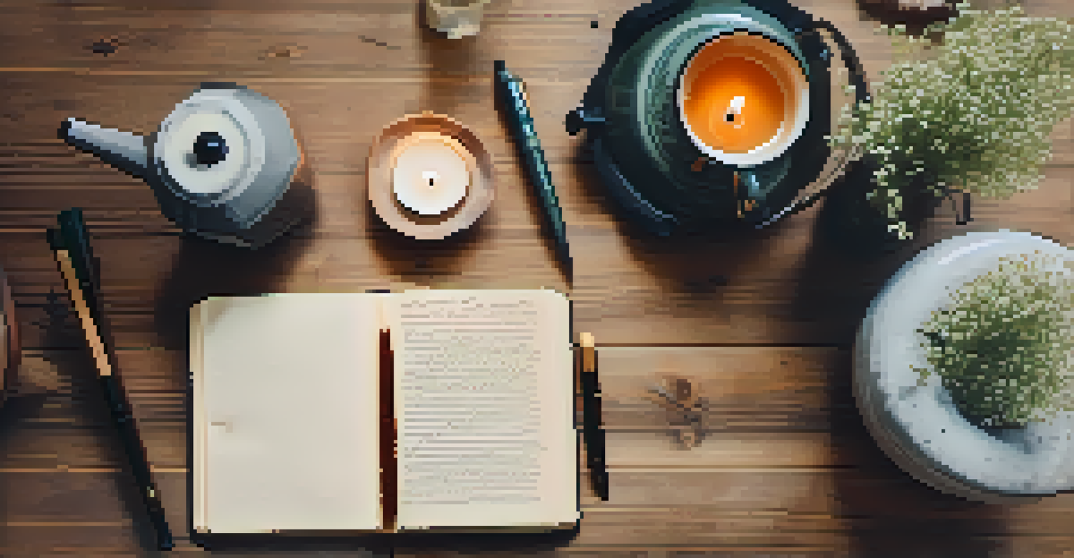 A cozy journaling setup with an open journal, pen, tea, flowers, and a candle on a wooden table.