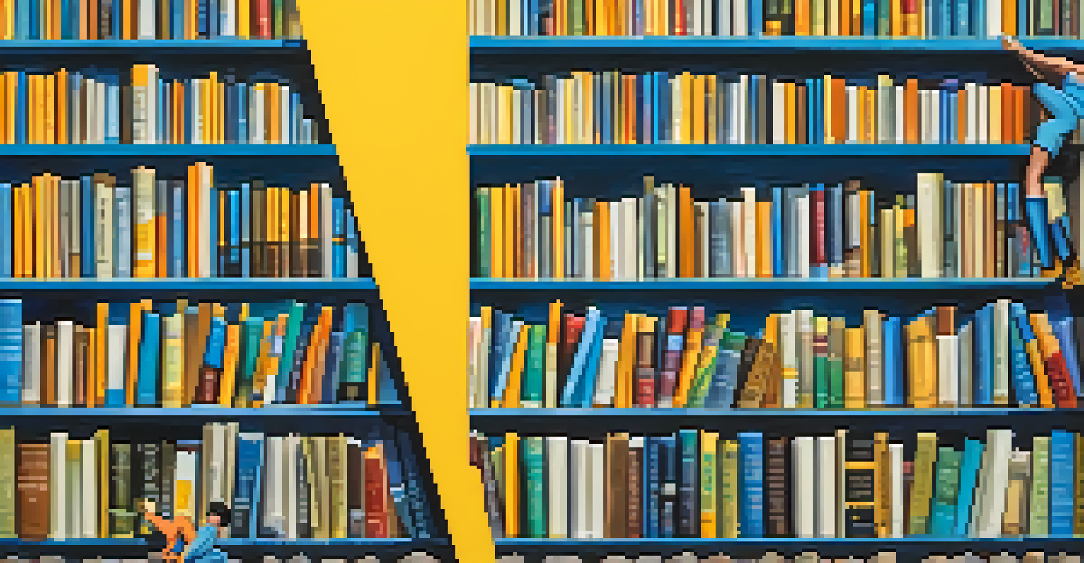 A person climbing a staircase of books labeled with milestones like 'Start', 'Progress', and 'Achieve' against a bright gradient background.