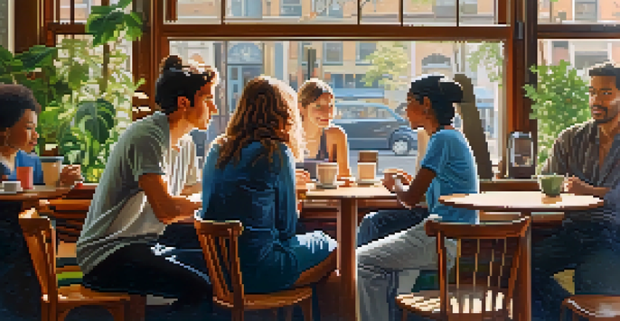 A cozy coffee shop with diverse people in conversation, depicting one person actively listening with engaged body language.