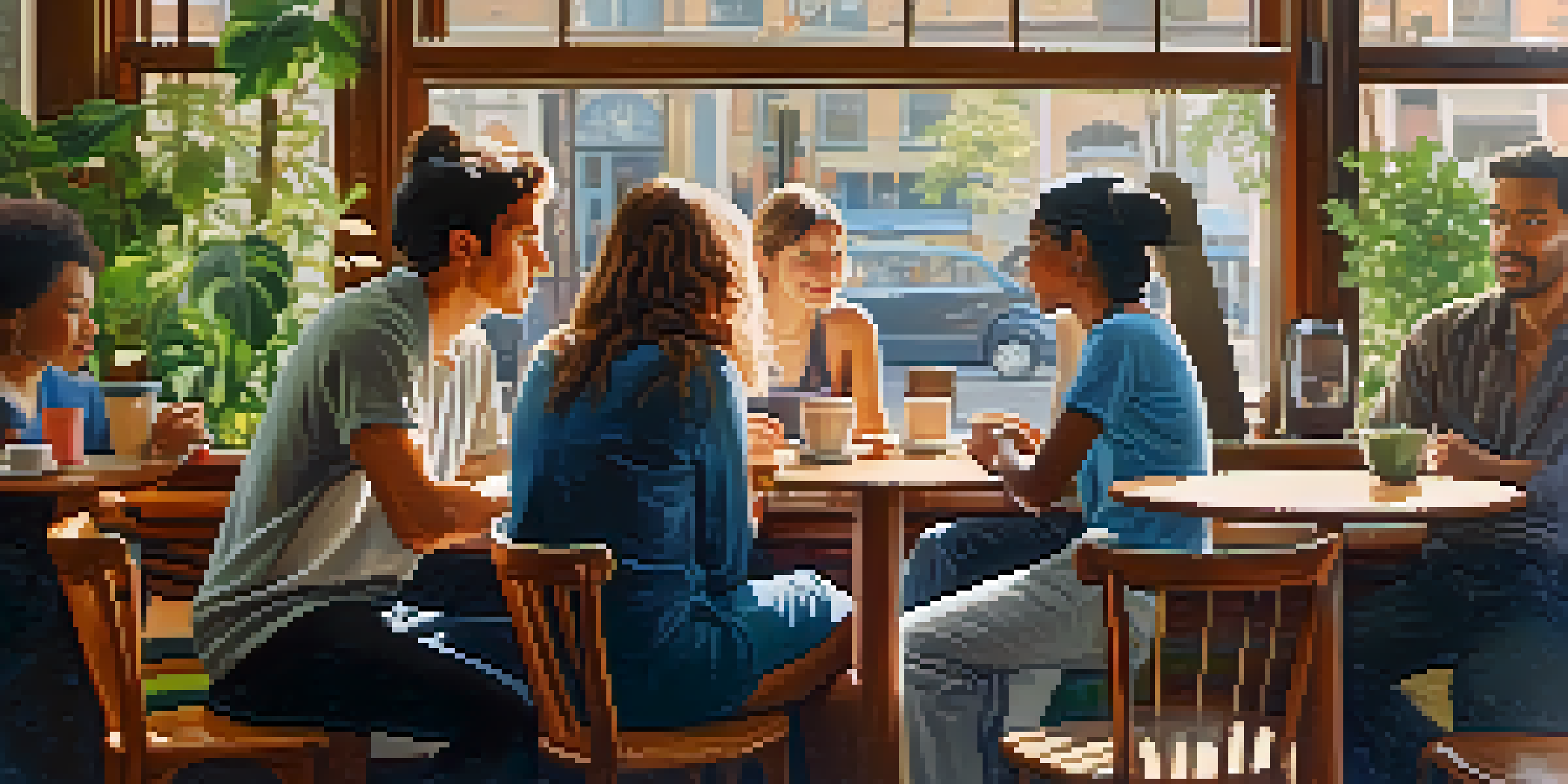 A cozy coffee shop with diverse people in conversation, depicting one person actively listening with engaged body language.