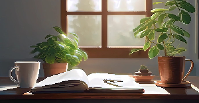 A peaceful study space with a wooden desk, an open notebook, a coffee cup, and a green plant, illuminated by soft sunlight.
