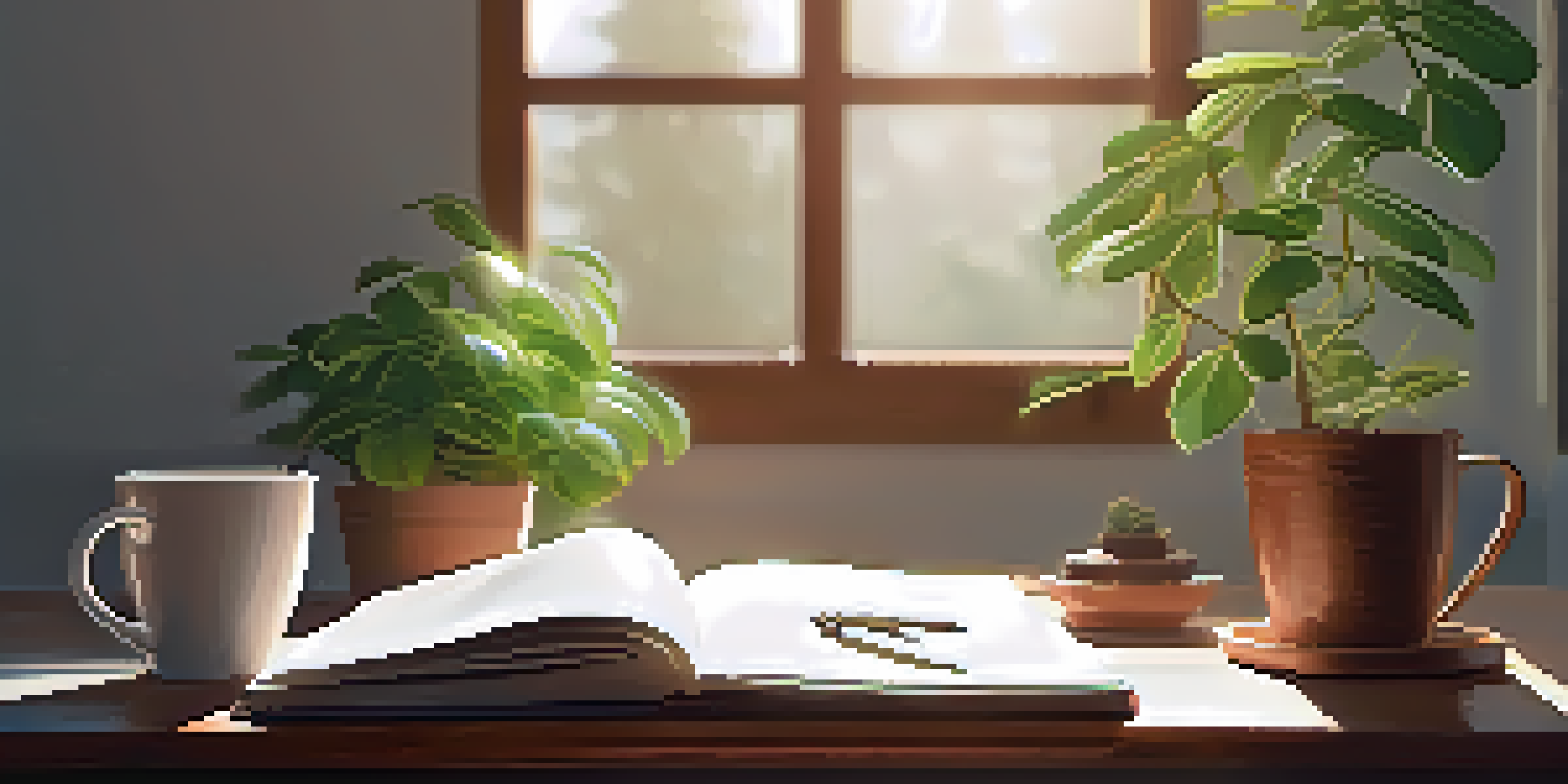 A peaceful study space with a wooden desk, an open notebook, a coffee cup, and a green plant, illuminated by soft sunlight.