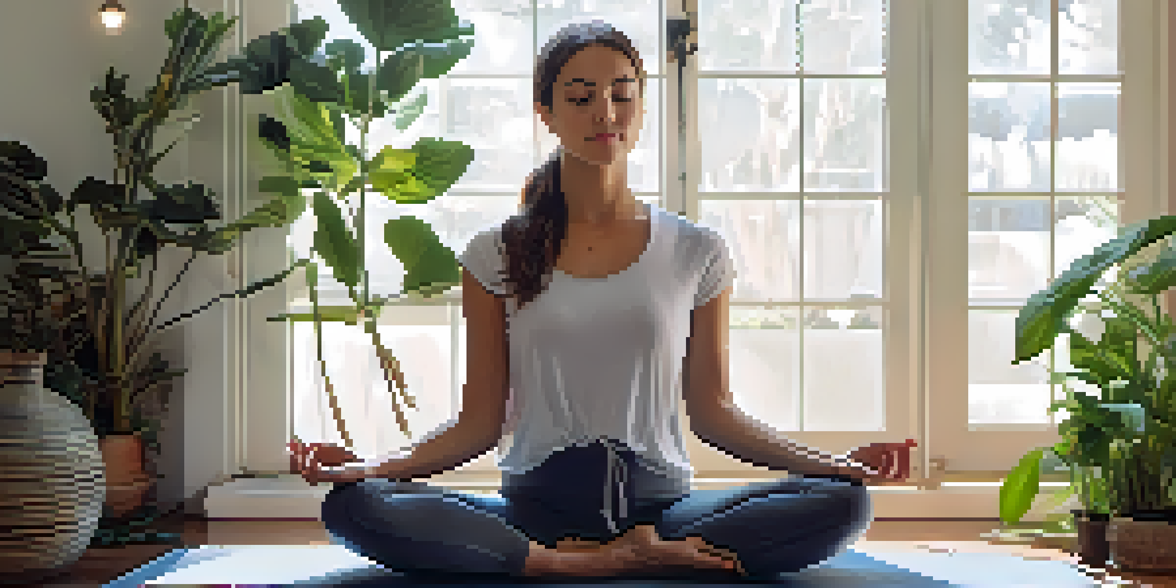 A person sitting on a yoga mat in a peaceful indoor setting, practicing diaphragmatic breathing with hands on their belly.