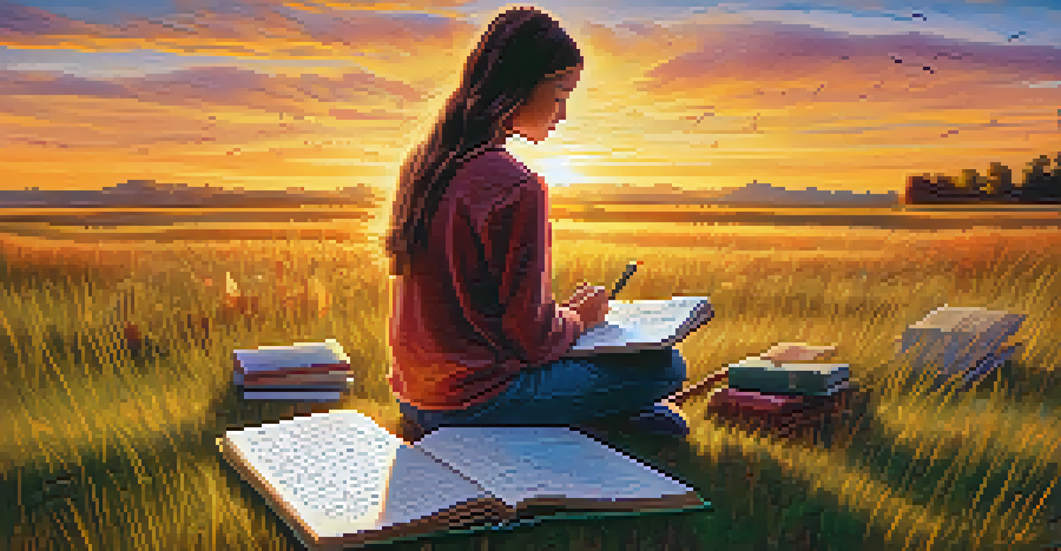 A person journaling in a grassy field, with floating words of gratitude around them, illuminated by a sunset.