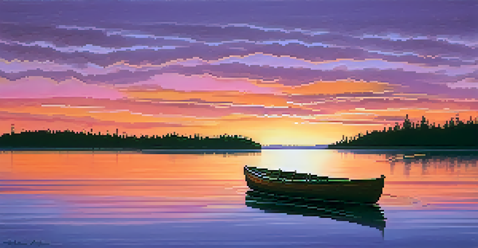 A sunset over a calm lake with vibrant colors reflecting on the water, surrounded by silhouettes of trees and a small boat.