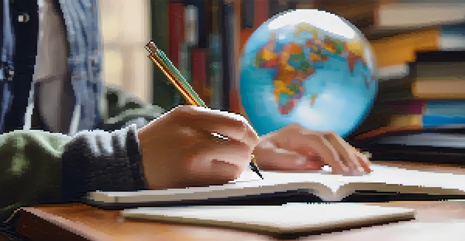 Close-up of hands writing in a notebook, surrounded by textbooks, a globe, and a laptop, in a softly lit environment.