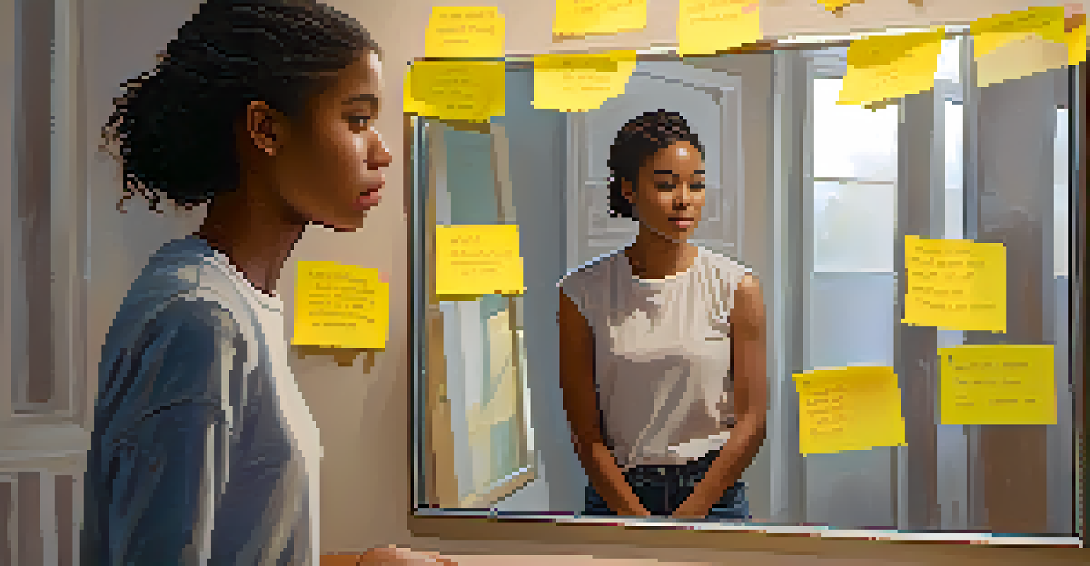 A person practicing social skills in front of a mirror, surrounded by positive affirmations and conversation starters.