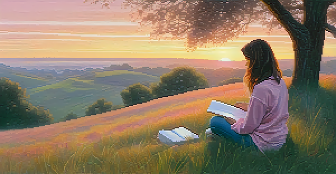 A person meditating while journaling on a grassy hilltop during sunrise, with a pastel-colored sky.