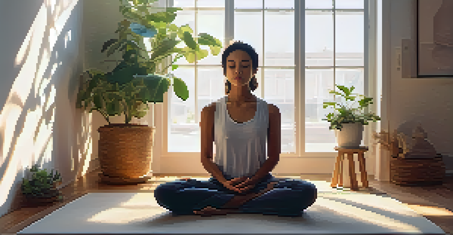 A person meditating on a mat in a softly lit room filled with plants, showing a peaceful and calm expression.