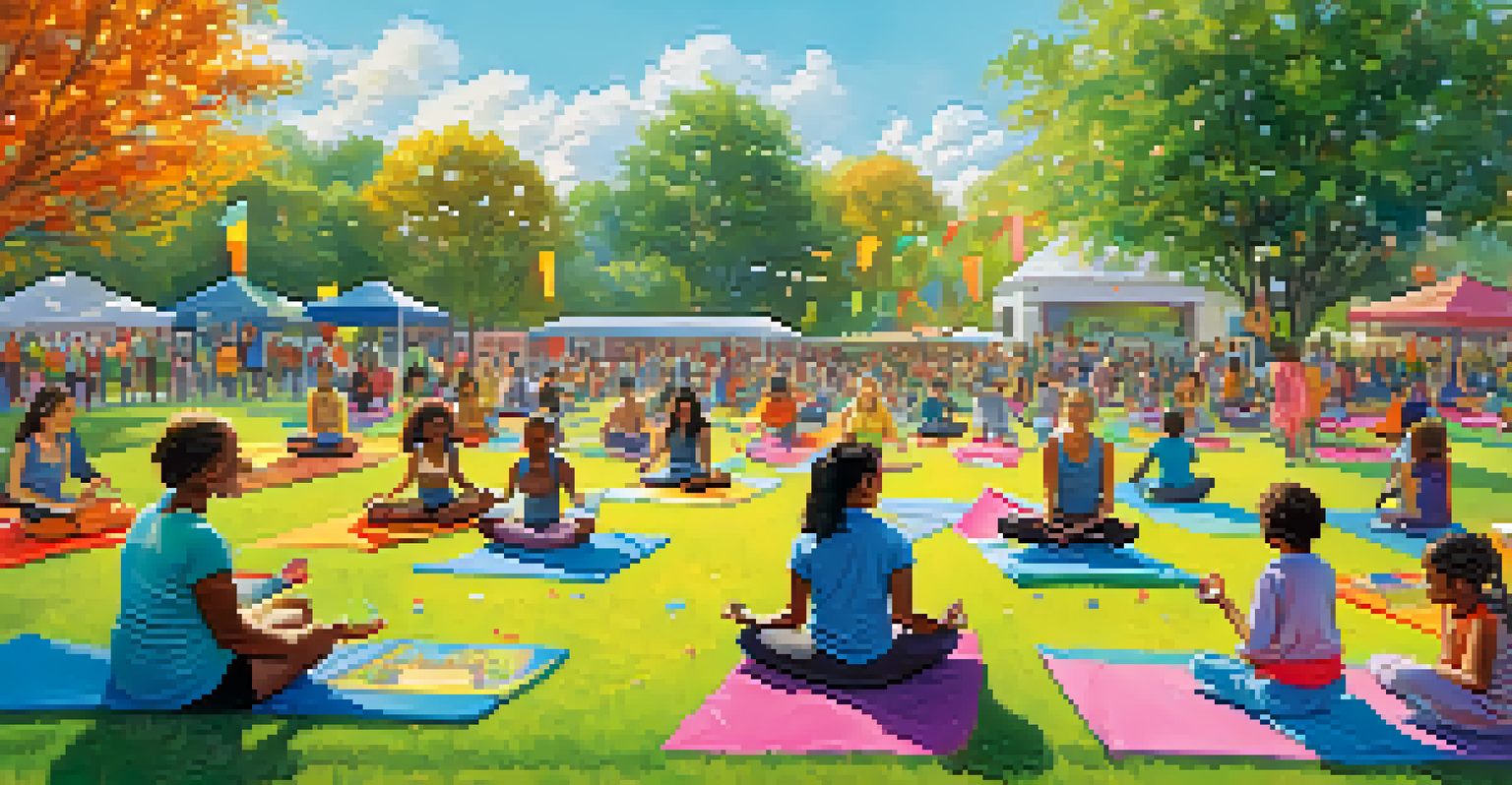 A lively community gathering in a park with people practicing yoga and engaging in creative activities, promoting positivity and togetherness.