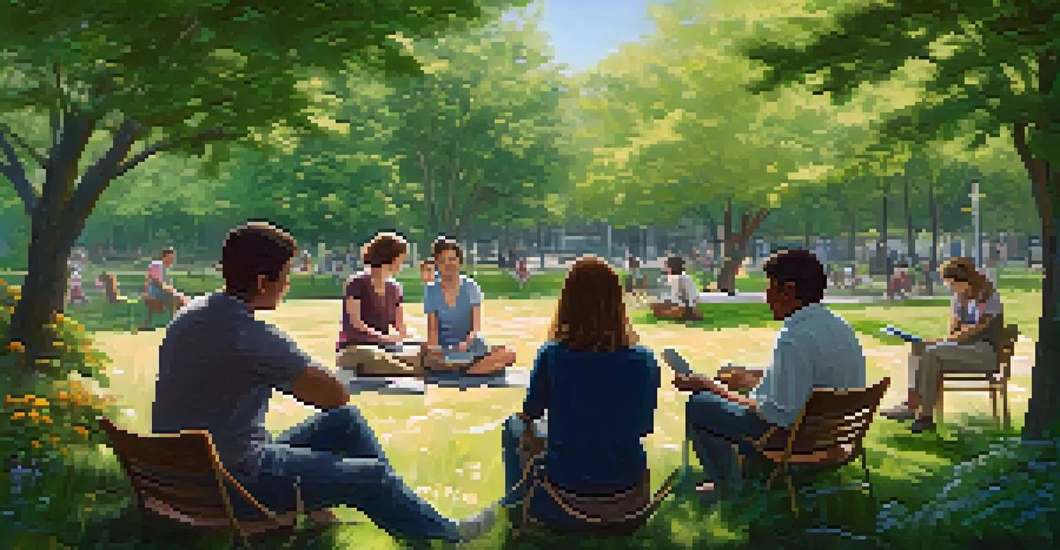 A small group of people in a park engaged in role-playing to enhance communication skills, surrounded by greenery and flowers.