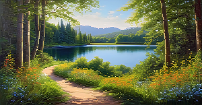 A peaceful forest scene with a winding path, bright wildflowers, and a reflective lake under a blue sky.