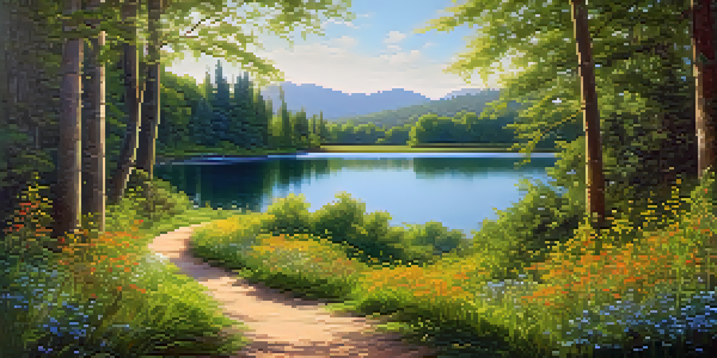 A peaceful forest scene with a winding path, bright wildflowers, and a reflective lake under a blue sky.