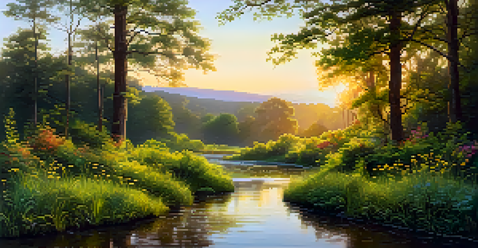 A tranquil forest scene at dawn with sunlight filtering through trees and a stream flowing through wildflowers.
