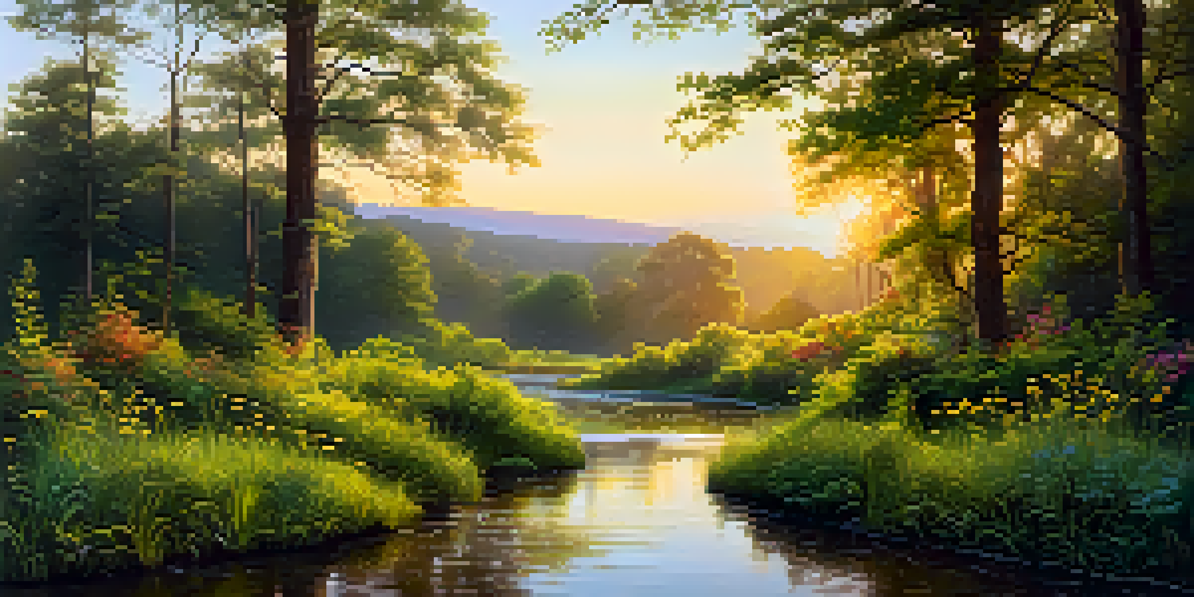 A tranquil forest scene at dawn with sunlight filtering through trees and a stream flowing through wildflowers.