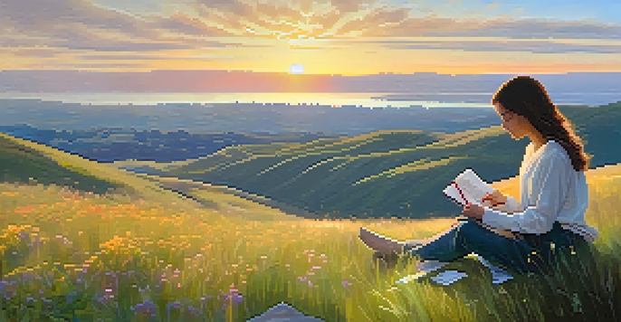 A person sitting on a grassy hillside, journaling while surrounded by blooming wildflowers under a golden sunrise.