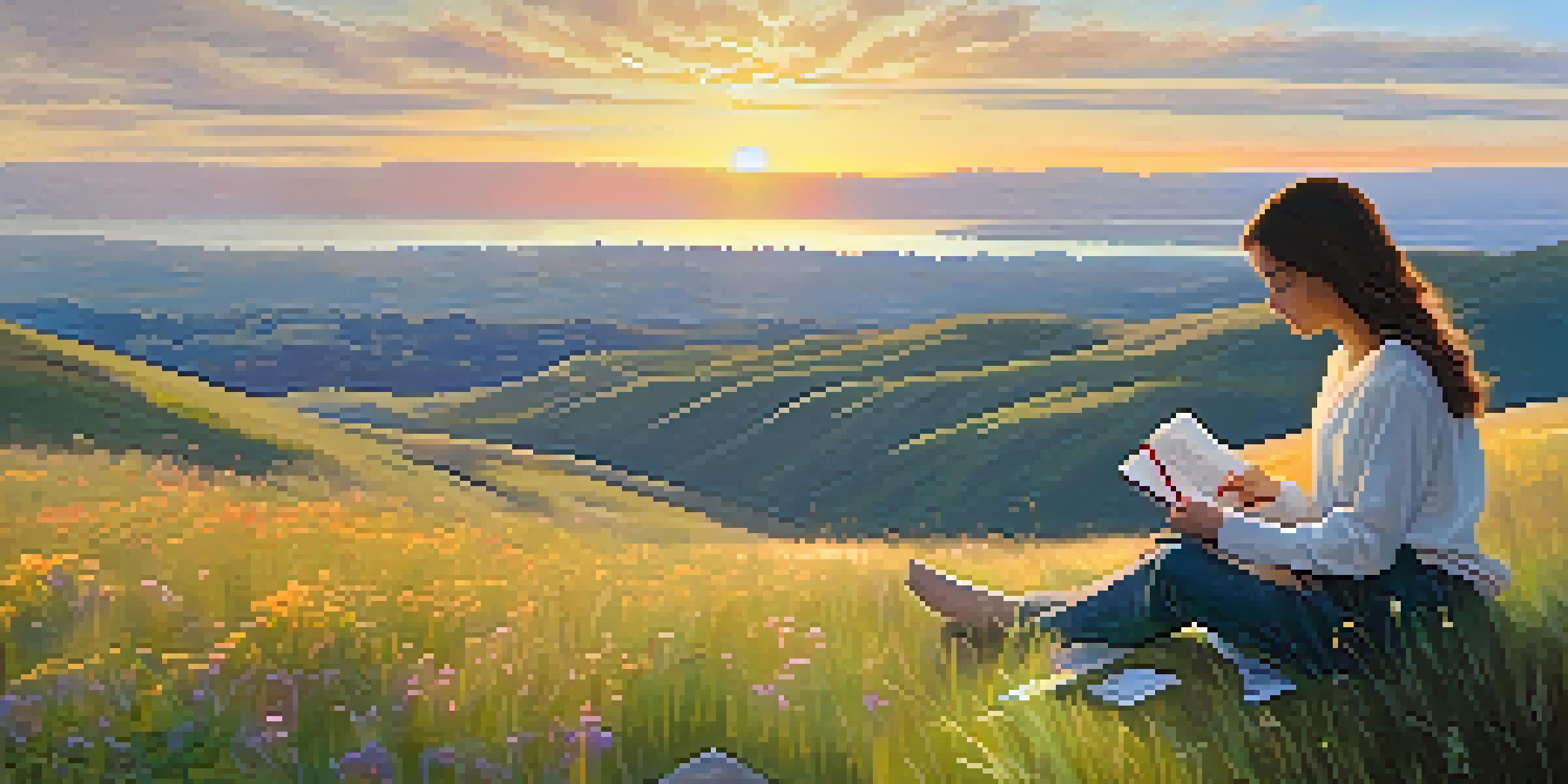 A person sitting on a grassy hillside, journaling while surrounded by blooming wildflowers under a golden sunrise.