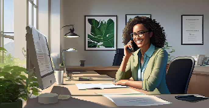 A friendly customer service representative at a desk, talking on the phone and taking notes, with a warm smile in a bright, inviting office environment.