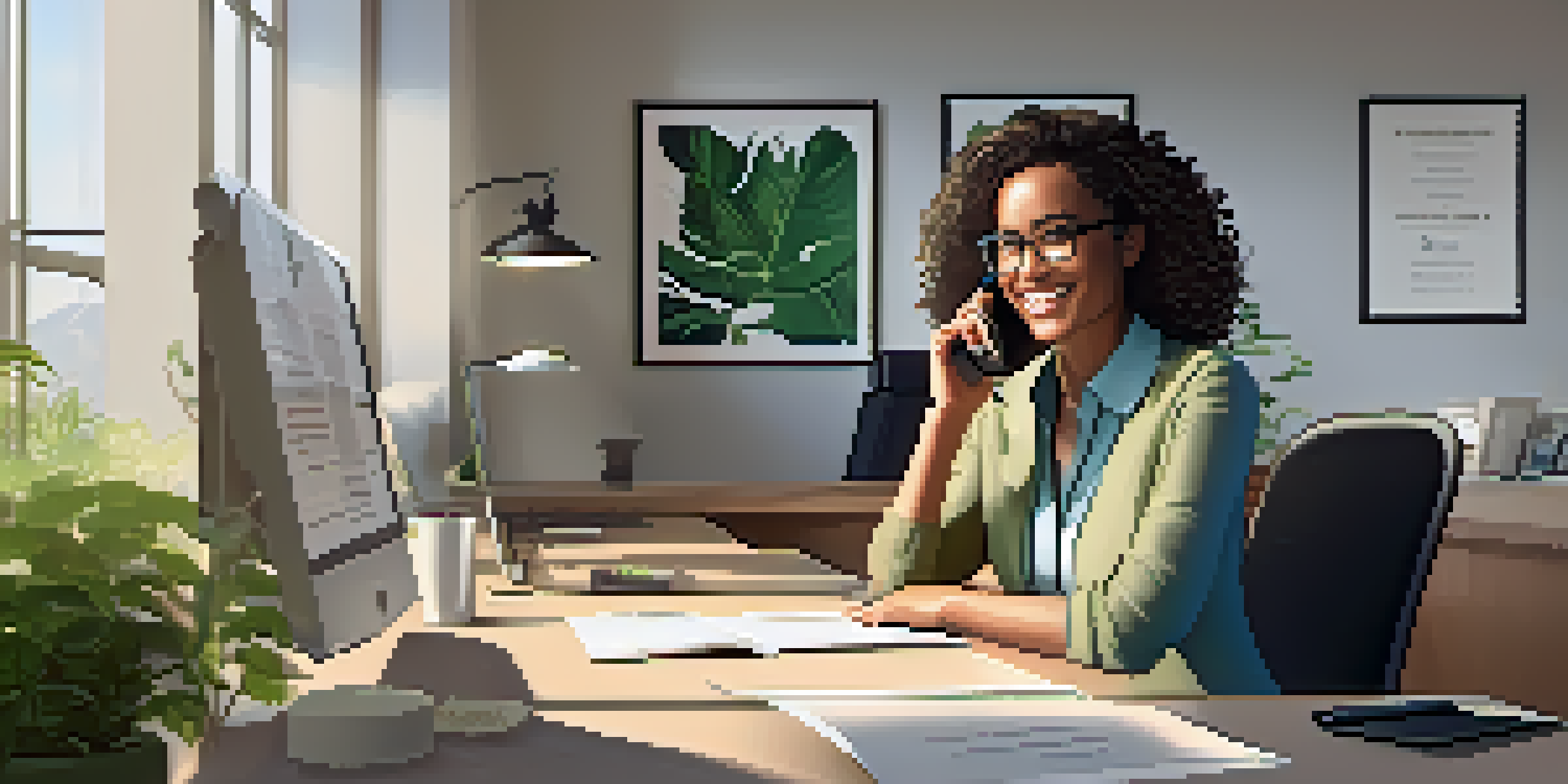 A friendly customer service representative at a desk, talking on the phone and taking notes, with a warm smile in a bright, inviting office environment.