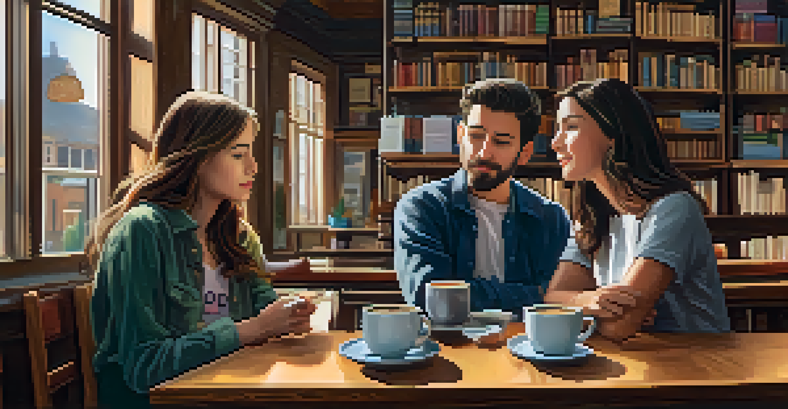 Two friends in a cozy coffee shop practicing assertive communication, with one sharing thoughts and the other listening attentively amidst a warm ambiance.