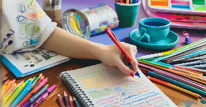 A close-up of a hand writing in a journal surrounded by colorful doodles and various art supplies in a bright setting.