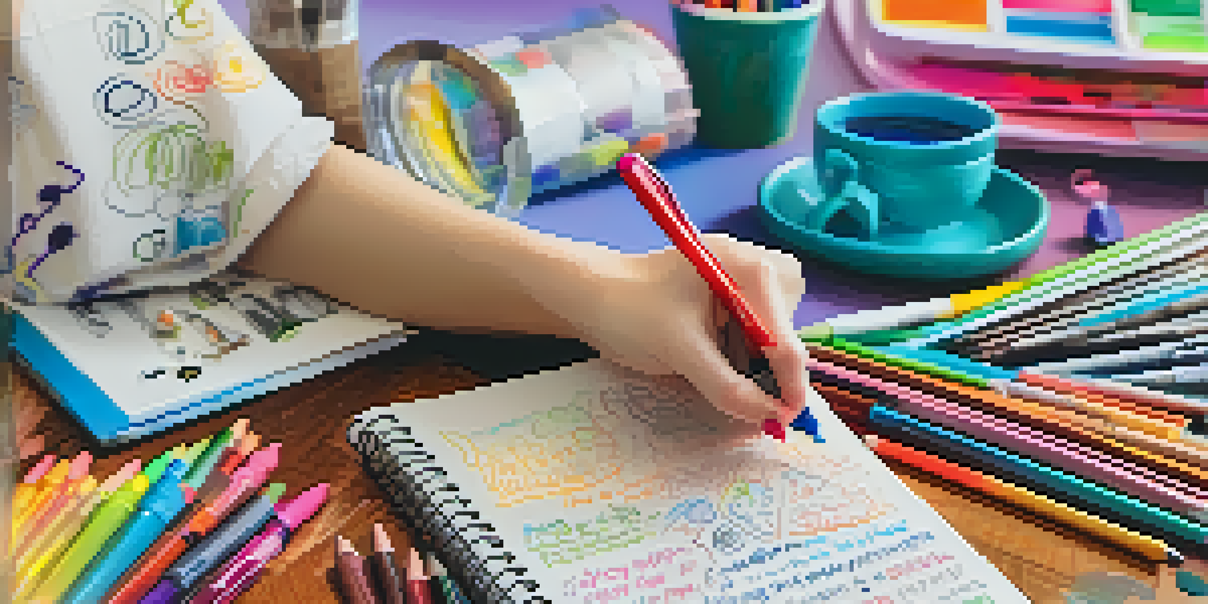 A close-up of a hand writing in a journal surrounded by colorful doodles and various art supplies in a bright setting.