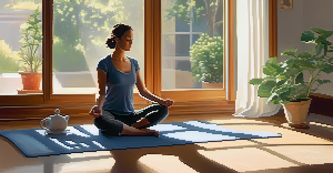 A person practicing mindfulness in a sunlit room, with a cup of tea and a plant nearby.