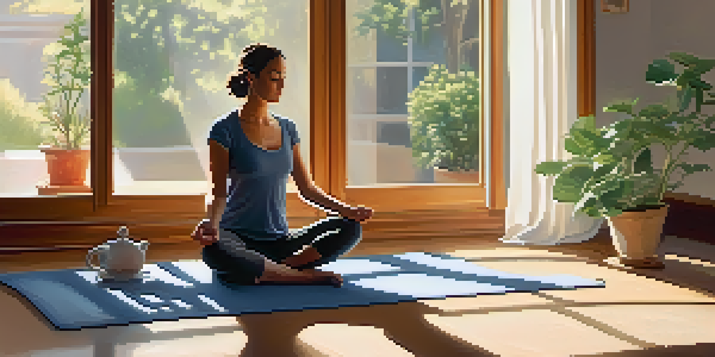 A person practicing mindfulness in a sunlit room, with a cup of tea and a plant nearby.