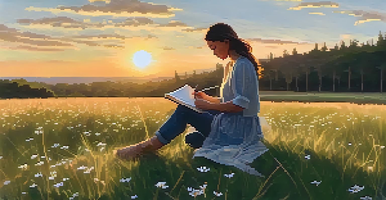 A person journaling on a grassy field during sunset, surrounded by wildflowers in a tranquil outdoor setting.