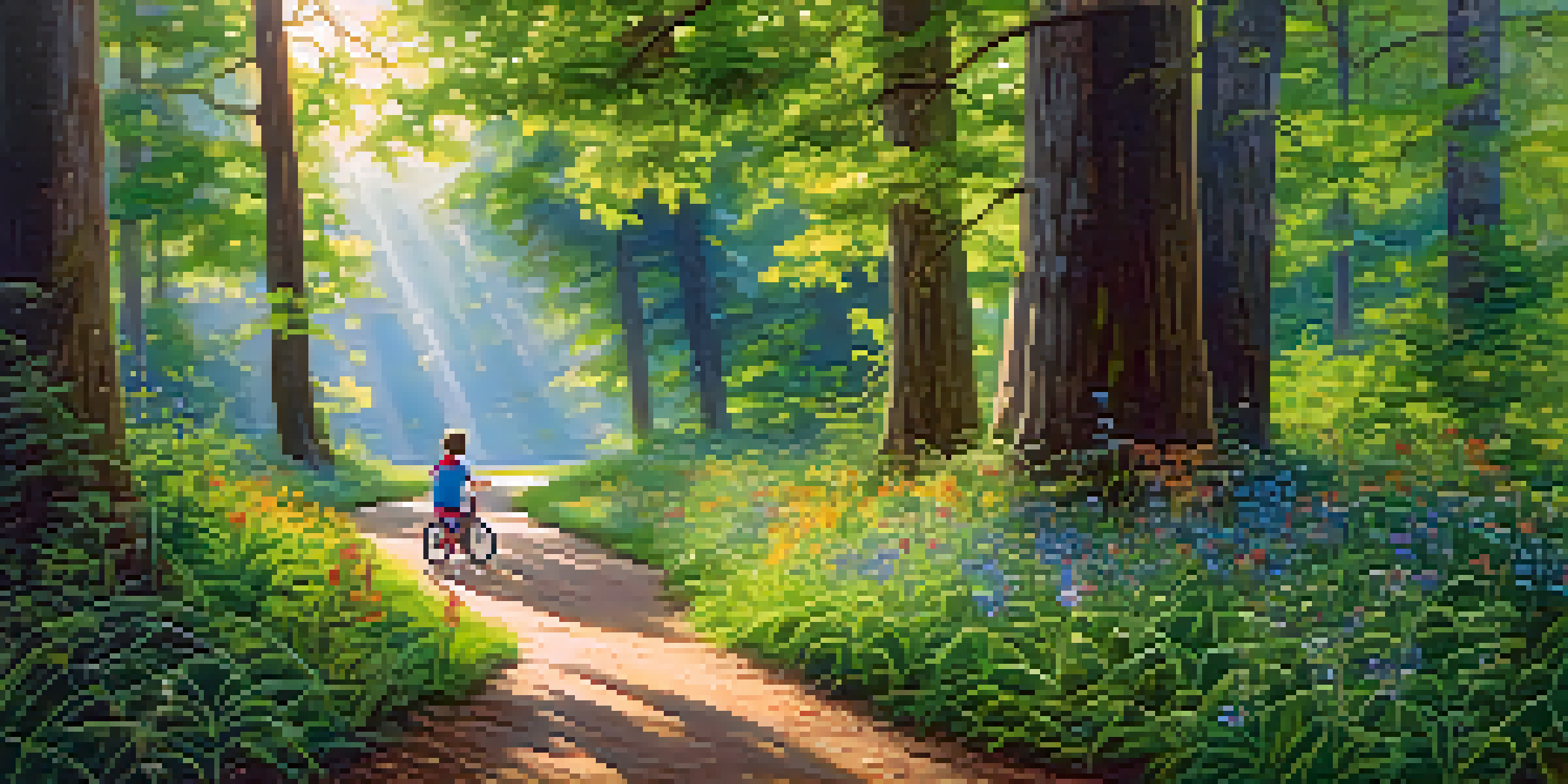 A child riding a bicycle on a winding path through a lush green forest, with sunlight shining through the trees.