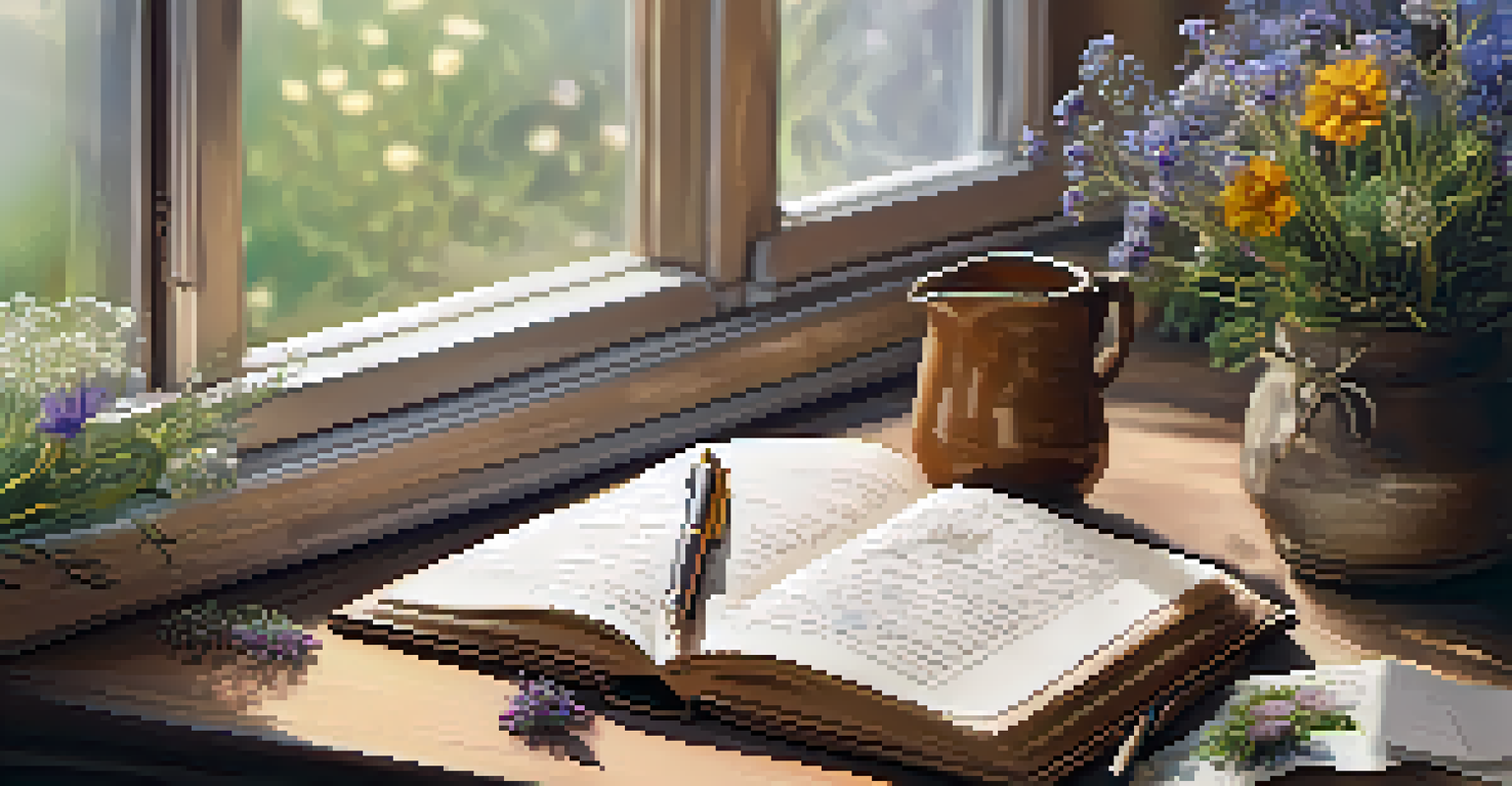 An open journal with handwritten notes and a pen, next to a cup of tea and a vase of wildflowers on a wooden table.