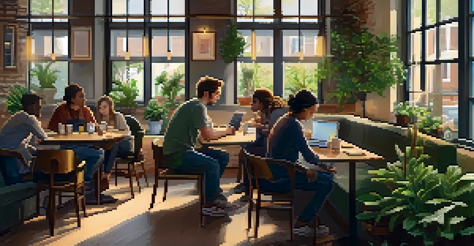 A cozy coffee shop setting with a group of individuals discussing ideas around a table filled with laptops and notebooks.